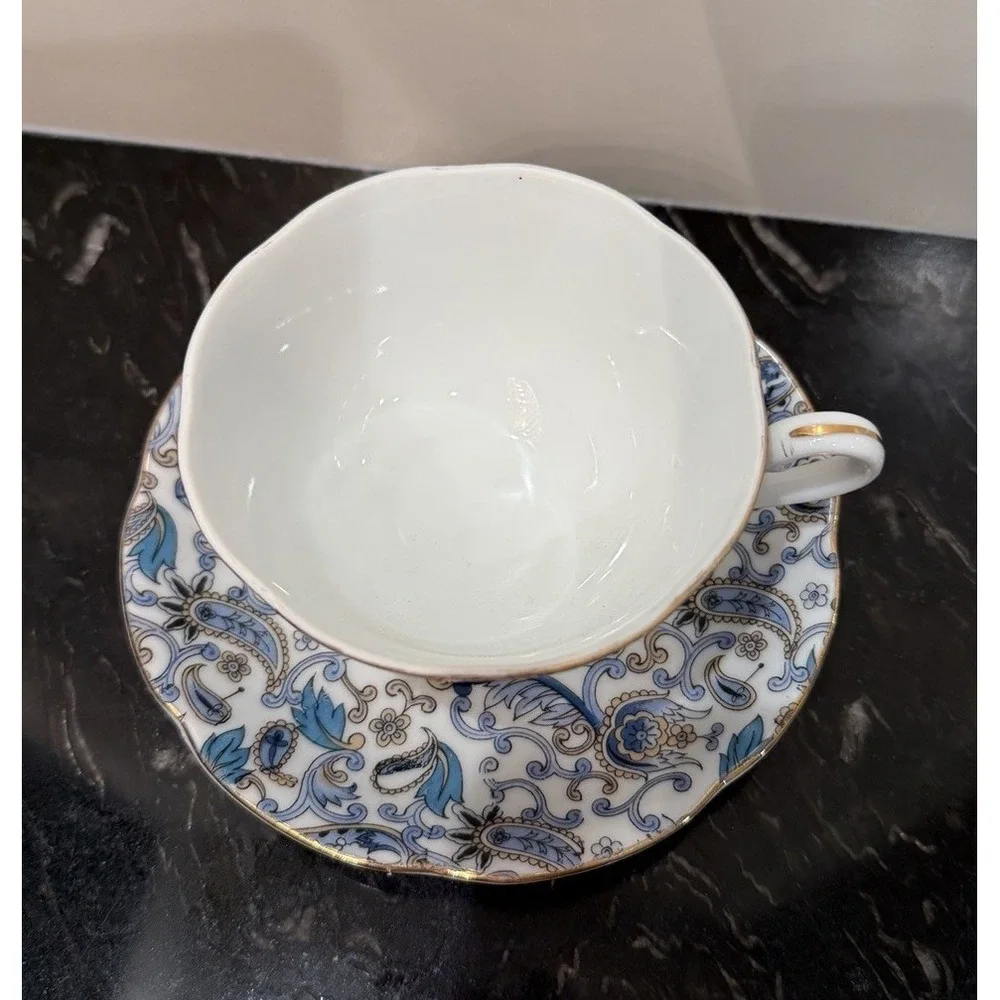 Vintage Blue Paisley By Lefton Cups And Saucers & Teapot For Four